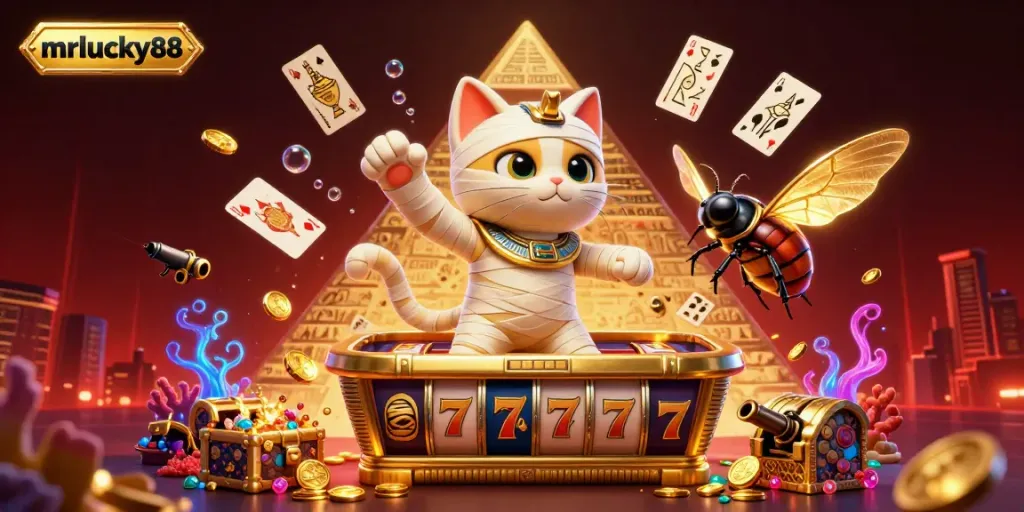Experience the excitement of mrlucky88 with a cartoon mummy cat and glowing scarab in a vibrant casino.
