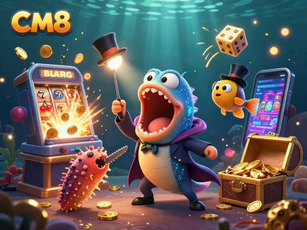 Engage with CM8's vibrant slots through a magical underwater casino scene.