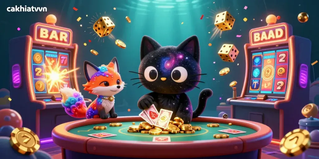 Cakhiatvvn cosmic casino scene featuring a black hole cat and a nebula fox in a vibrant gambling environment.
