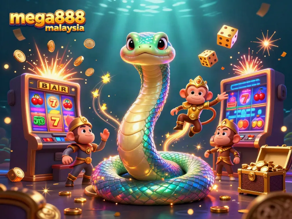 Immerse in mega888 Malaysia with vibrant casino elements and animated characters in action.