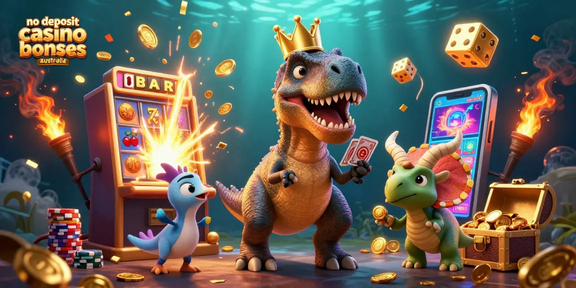 No deposit casino bonuses Australia illustration with a dinosaur dealer and stacks of chips