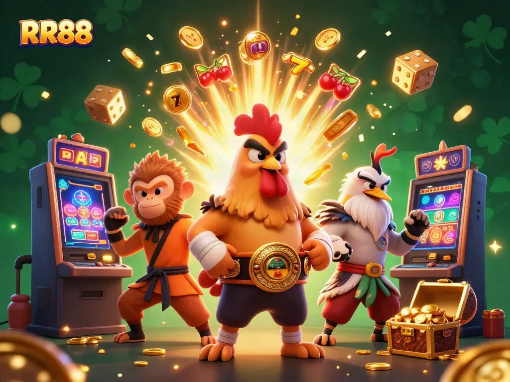 RR88 engaging illustration with Muay Thai rooster and Shaolin monkey amidst dynamic casino elements.