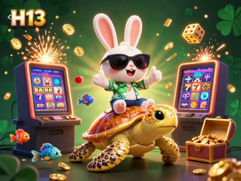 Engage in exhilarating gaming at H 13 with vibrant 3D casino illustration of jackpot slots, lucky rabbit, and treasure.