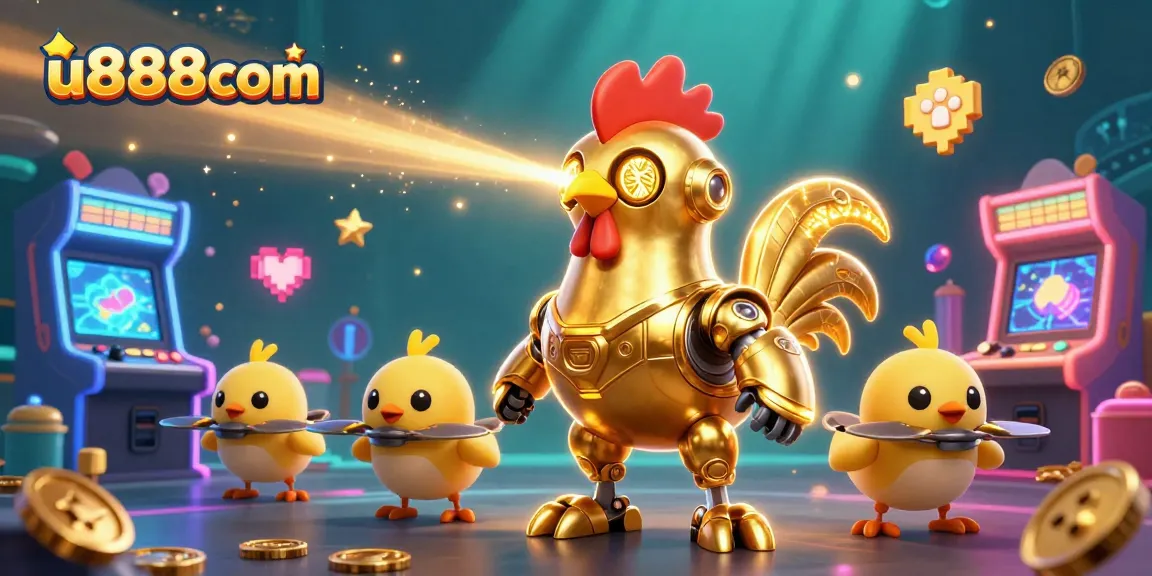 Engage with colorful u888com casino games featuring a golden rooster robot and vibrant arcade machines.