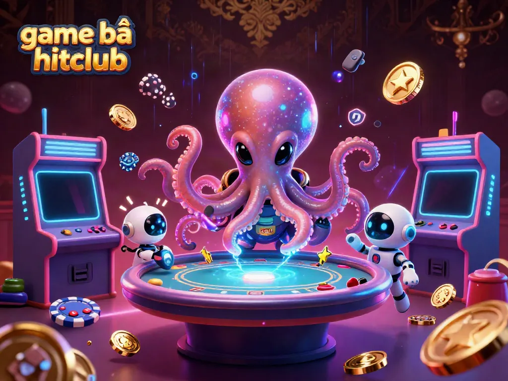 Engage with game bài hitclub as a cartoon alien octopus operates a cosmic poker table with adventure-filled visuals.