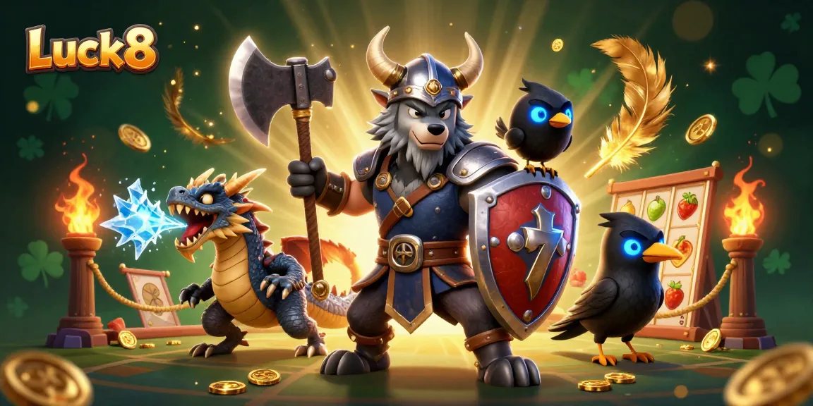 Luck8 showcases a Viking warrior and dragon in a lively casino scene with slot reels and gold tokens.