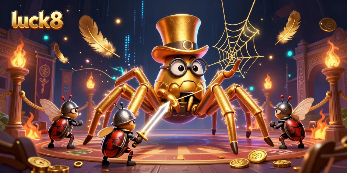 Engage in luck8's thrilling casino adventure with a giant tarantula, brave beetle knight, and moth spectators.