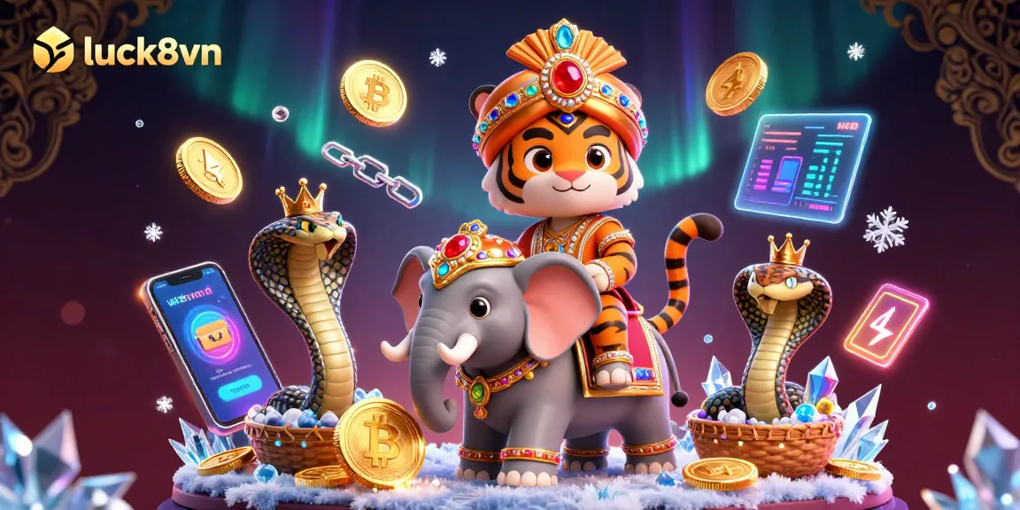 Experience the thrilling universe of luck8vn with a charismatic maharaja tiger amidst crypto coins and rich gaming elements.