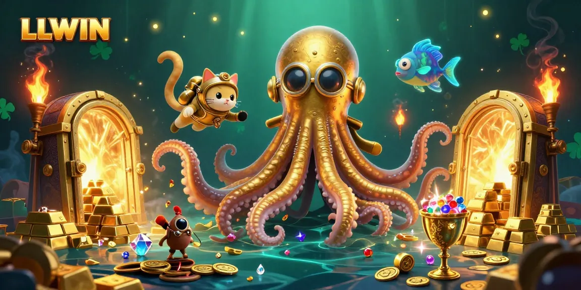 Experience the immersive world of LLWIN with a captivating 3D scene featuring a magical kraken and diving cat amidst treasure.