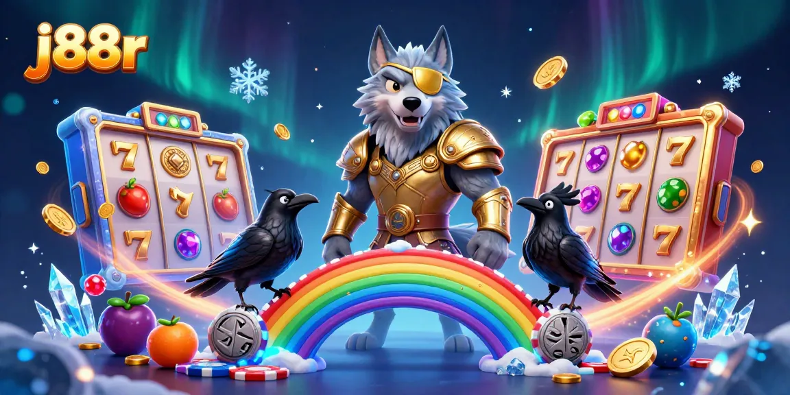 Engage with j88r in a vibrant Norse-themed casino world filled with slot reels and gold coins.