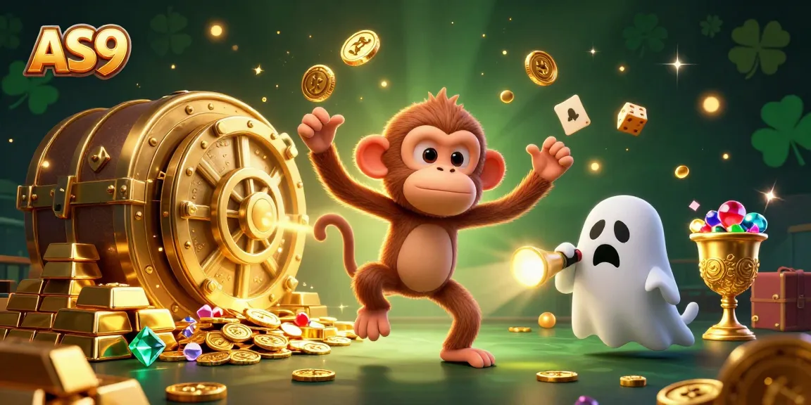 Engage with the AS9 poltergeist monkey juggling golden coins in a captivating haunted casino scene.