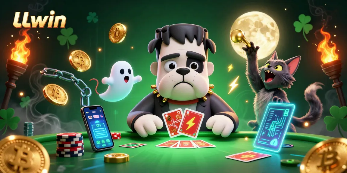 Engaging LLwin experience with a 3D cartoon bulldog and werewolf kitten at a glowing casino table.