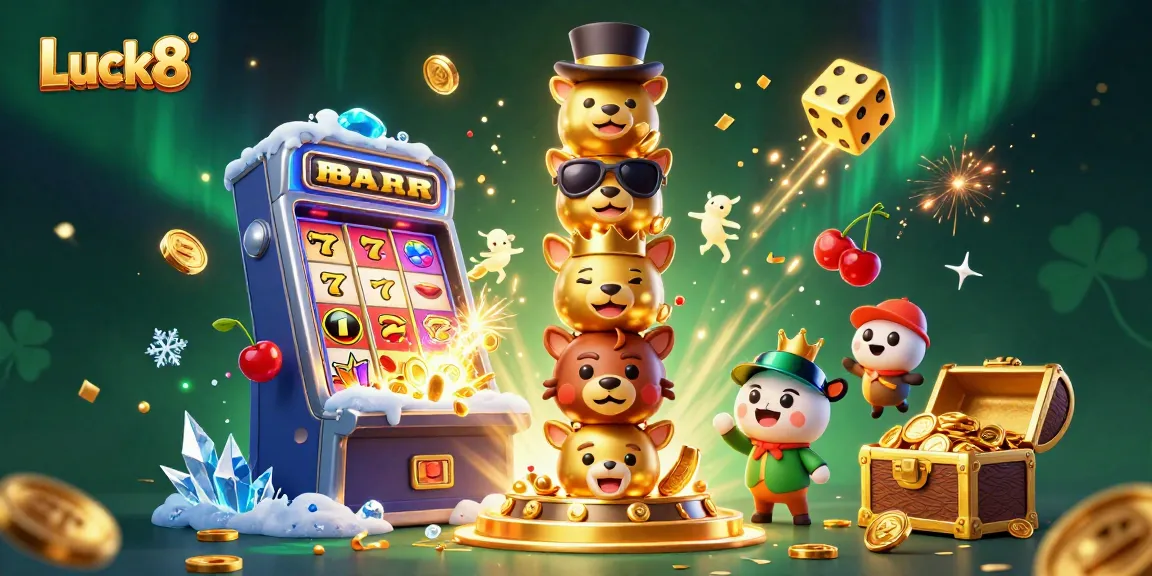 Experience thrilling casino excitement at Luck8 with vibrant slot machine action and cartoon totem art.