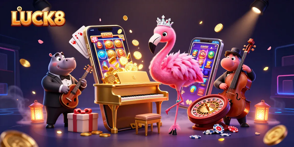 Spin colorful slot games with LUCK8 while enjoying a lively casino atmosphere featuring vibrant characters.