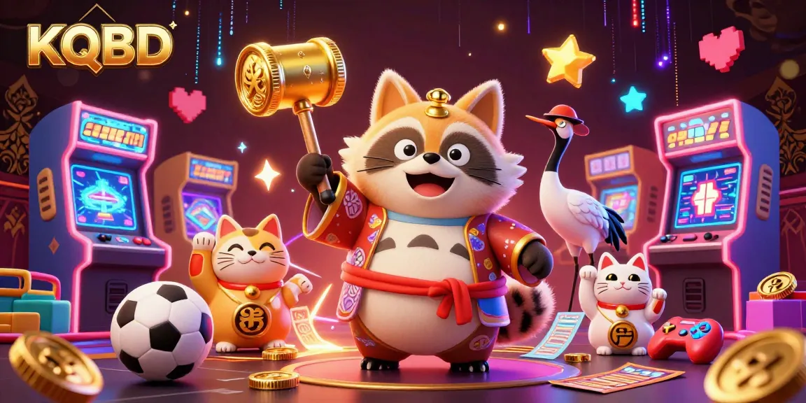 KQBD showcases a vibrant, dynamic sports betting scene with a cheerful tanuki and colorful characters amidst exciting gaming elements.