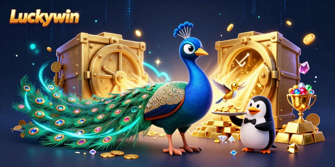 Experience the vibrant excitement of Luckywin casino with dynamic peacock and characters in a treasure-filled illustration.