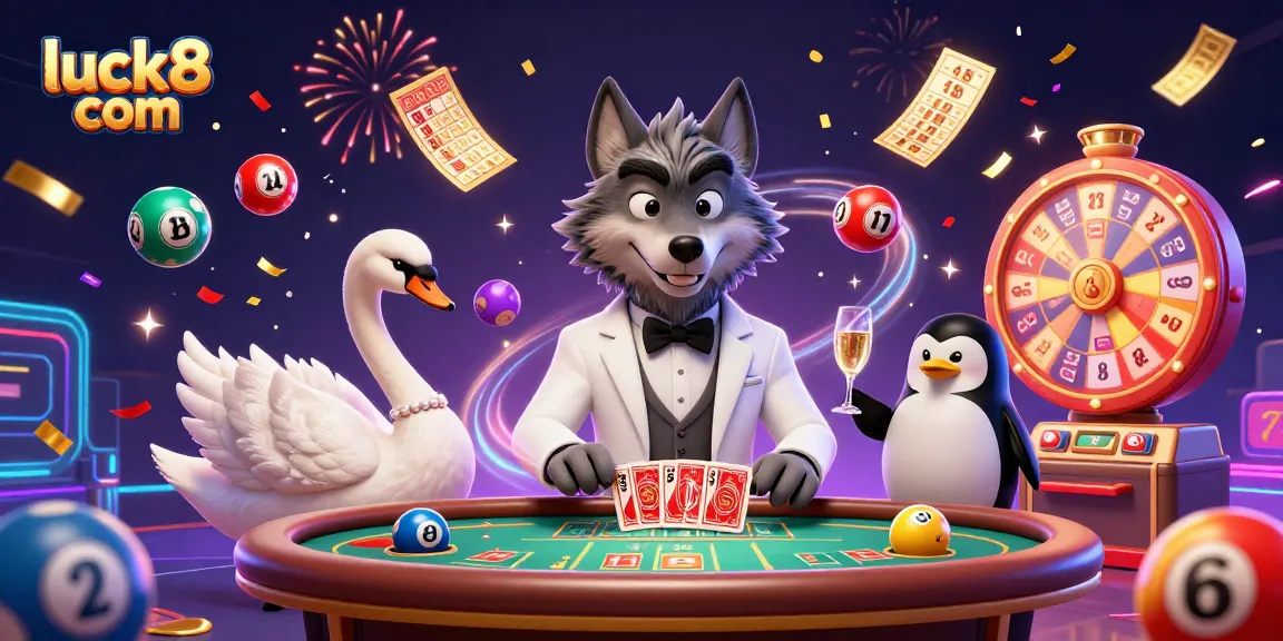 Experience thrilling action with luck8 com in this dynamic casino scene featuring a wolf, swan, and penguin.