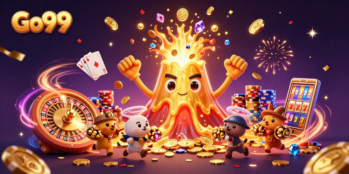 Go99 showcases an exciting eruption of treasures and casino action in a vibrant 3D scene.