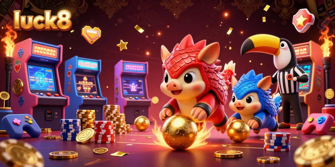 Experience thrilling gaming action at luck8 with rival pangolins bowling through poker chips.