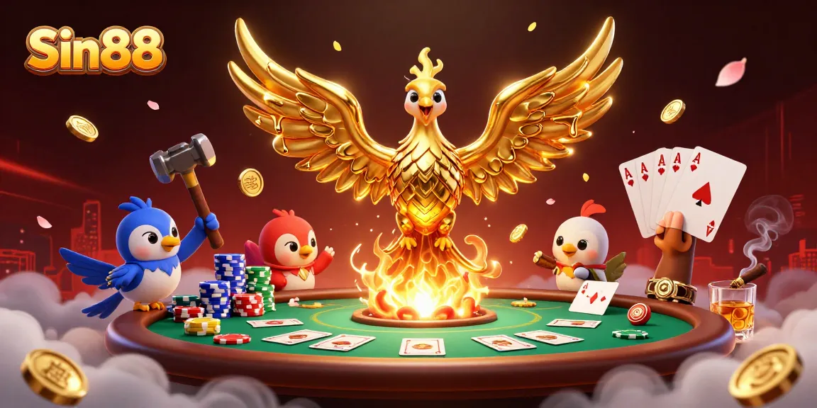 Experience thrilling gameplay at Sin88 with a vibrant, gold-themed casino illustration showcasing exciting poker elements.